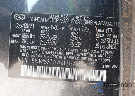 2020 Hyundai Santa Fe Limited 2.0T z USA, uszkodzony, nr VIN 5NMS53AA6LH275735